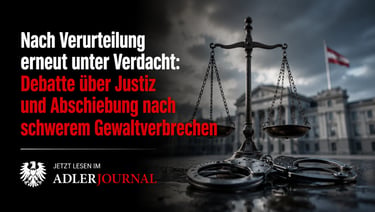 Handschellen und Justitia-Waage vor dem österreichischen Parlament im Zusammenhang mit Abschiebungen