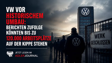 Volkswagen-Werksarbeiter stehen vor einem Werk, über das Schlagzeilen über mögliche Stellenstreichun
