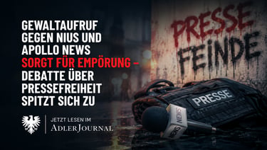 Presseausrüstung und Mikrofon liegen auf einer dunklen Straße, daneben ein Text, der die deutsche Pr