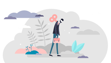 Illustration of a tired businessman with a wind-up key in his back, representing workplace burnout.