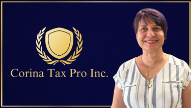 Corina in front of Corina Tax Pro Inc logo