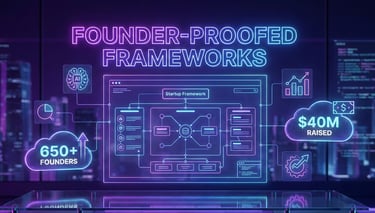 Futuristic neon-gradient blueprint diagram with holographic stats showing 650+ founders and $40M rai