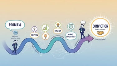 Illustration showing how strong pitch deck flow guides investor thinking smoothly from problem to co