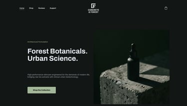 Concrete and Forest skincare website showing a minimalist black dropper bottle on a concrete surface.