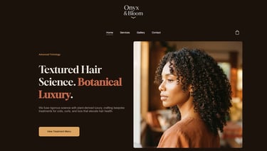 Onyx and Bloom website homepage for advanced trichology and botanical luxury hair treatments for curly hair.