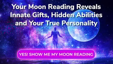 "Moon reading ad with starry galaxy background, a person silhouette, large full moon, and a “Show me my moon reading” button"