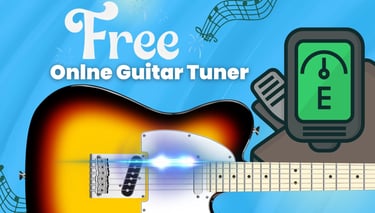 Graphic for a free online guitar tuner featuring an electric guitar and digital tuning display.