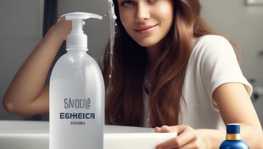 Close-up of a hand gently using a fragrant handwash bottle in a bright, clean bathroom setting.