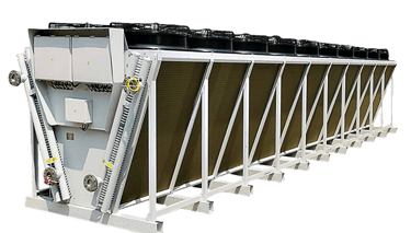Large industrial dry cooler unit with V-shaped condenser coils and multiple top-mounted cooling fans.
