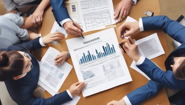 Employees review financial reporting with fractional CFO at conference room table.