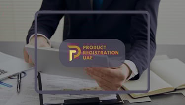Business professional reviewing UAE product registration documents on tablet, with Product Registration UAE overlay.