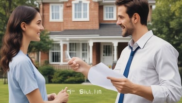 A cityscape with a real estate sign in the foreground, prominently displaying the name and phone number. Surrounding the sign are various buildings with different architectural styles, some with scaffolding and green netting. The scene features a mix of older, worn structures alongside modern glass-fronted buildings. Power lines and construction materials add to the urban complexity.