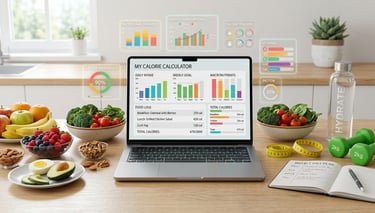 Calorie calculator dashboard with nutrition charts, healthy foods, and fitness elements for diet pla