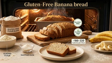 Gluten-free banana bread slices with almond flour, gluten-free flour blend, xanthan gum, and ripe ba
