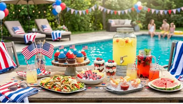 Refreshing 4th of July pool party foods with watermelon, wraps, popsicles, and colorful drinks.