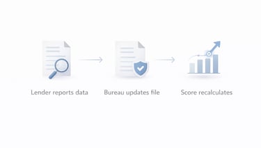 timeline showing lender reporting credit data to bureaus and how score updates happen over time