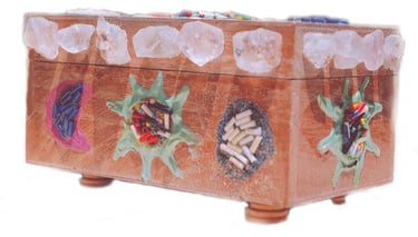 upcycled wooden tea box decorated with painted designs, beads and quartz crystal chunks