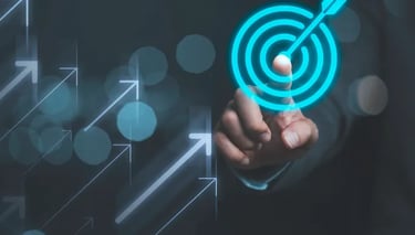 Businessman touching a digital target icon with rising arrows symbolizing business growth and marketing success.
