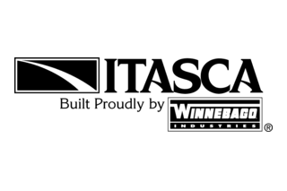 Black and white Itasca RV logo featuring the slogan Built Proudly by Winnebago Industries.