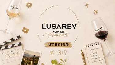 Lusarev Wines social media contest flat lay with wine glasses, clapperboard, and content idea notepad.