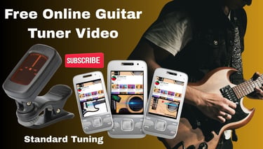 A person playing an electric guitar next to an online guitar tuner app on multiple mobile screens.