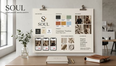 Soul brand identity mood board featuring minimalist logos, earth tone color palette, and social media mockups.