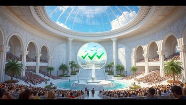 Majestic futuristic amphitheater with fountain, palm trees, colorful birds and glowing screen with three green check marks