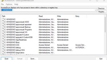 Utilitário AccessEnum da suíte Sysinternals da Microsoft, monitorando permissõe de arquivos e pastas