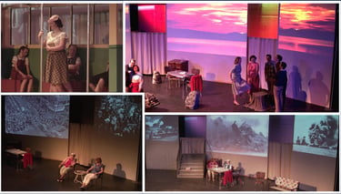 A theatrical production montage featuring actors on stage with digital projections of historical events.