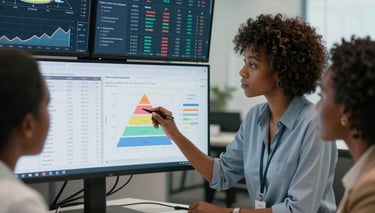 A confident businesswoman presenting financial growth charts in a modern office.