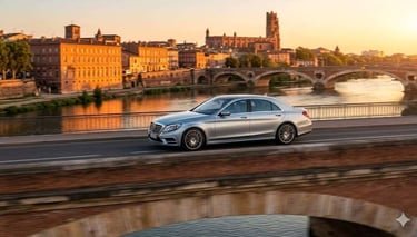 Berline premium en cours de convoyage devant un monument emblématique de Toulouse pour Convoi-RM.