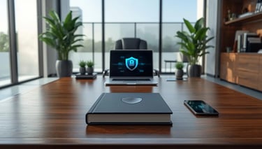 Modern luxury office desk with laptop displaying security shield, book, phone and tablet, cybersecurity theme.