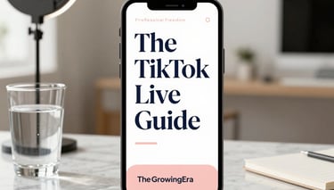 A smartphone on a marble desk displaying a TikTok Live Guide cover next to a ring light and glass of water.