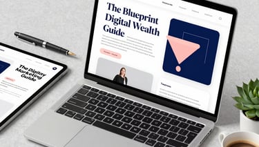 A laptop and tablet displaying a digital wealth marketing guide on a desk with coffee and a pen.