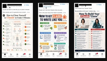 Three side-by-side LinkedIn posts featuring infographics on how to train Claude AI to write in your personal voice.