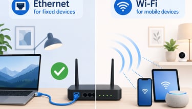 Ethernet cable connected to a router beside Wi-Fi devices using wireless signal at home.