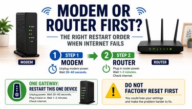 Modem first and router second restart order guide with one-gateway option and factory reset warning.
