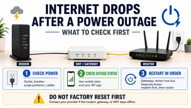 Home internet power outage checklist showing modem, gateway, router, restart order, and factory reset warning.
