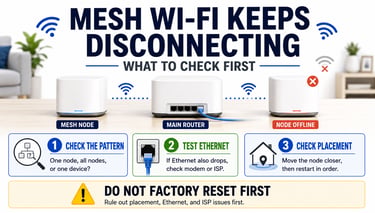 Mesh Wi-Fi nodes with one node offline, Ethernet test, placement check, and factory reset warning.