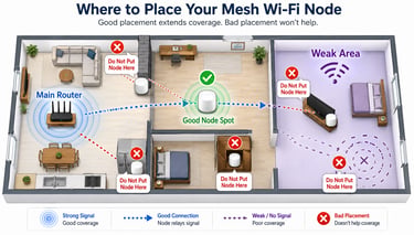 Mesh Wi-Fi node placement guide showing a main router, good node spot, weak area, and bad placement locations.