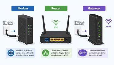 Modem, router, and gateway box comparison showing cables and labels.