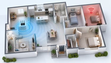 Home Wi-Fi dead zone shown on a house floor plan with weak signal in one room.