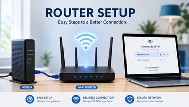 Home router connected to a modem with a Wi-Fi setup screen on a laptop.