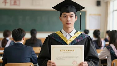 A proud graduate holding a technical certificate, direct confident eye contact, warm natural lighting, classroom setting