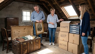 "Family sorting through an inherited attic, deciding what to keep before selling the house as-is."