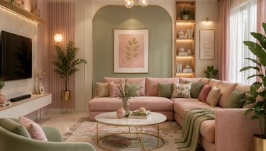 Modern living room interior with a blush pink sectional sofa, sage green accents, and gold decor.