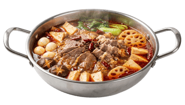 Steaming bowl of spicy Sichuan mala hotpot broth with floating red chilies and traditional peppercorns.