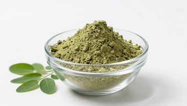 Vibrant green moringa powder with subtle overlay showing nutrient molecular detail