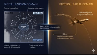 Diagram showing digital vision domain tracking a fast-moving UAV drone using thermal camera feed and optical flow vectors.