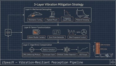 Diagram of a 3-layer vibration mitigation strategy for drone perception using mechanical decoupling and algorithmic